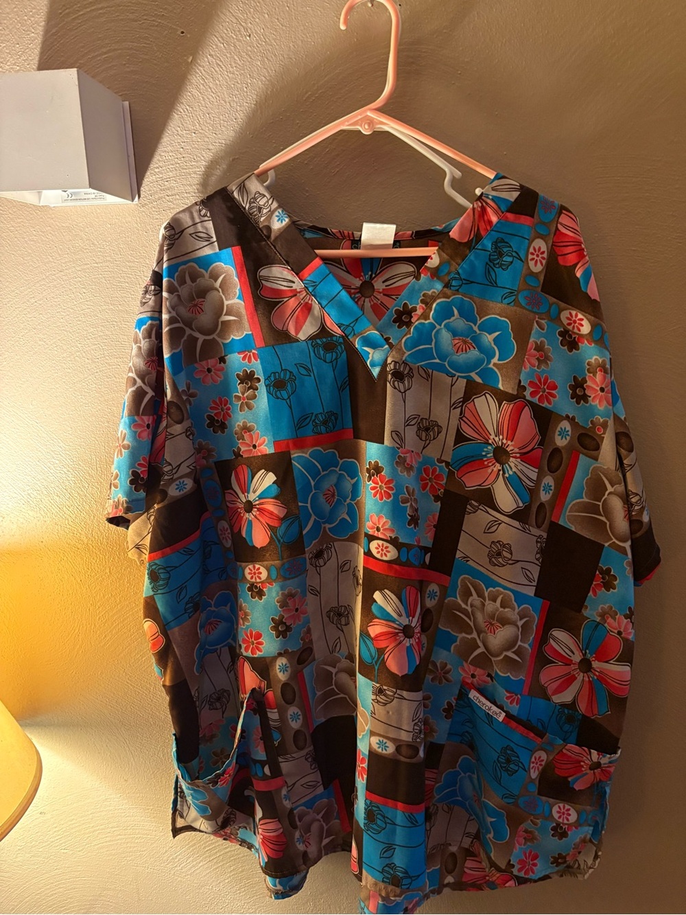 Cherokee Patchwork Floral V-Neck Scrub Top in Turquoise, Brown, Red
